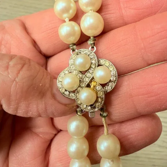 Vintage Double Strand Faux Pearl Necklaces with Rhinestone Clasp - Picture 3 of 11